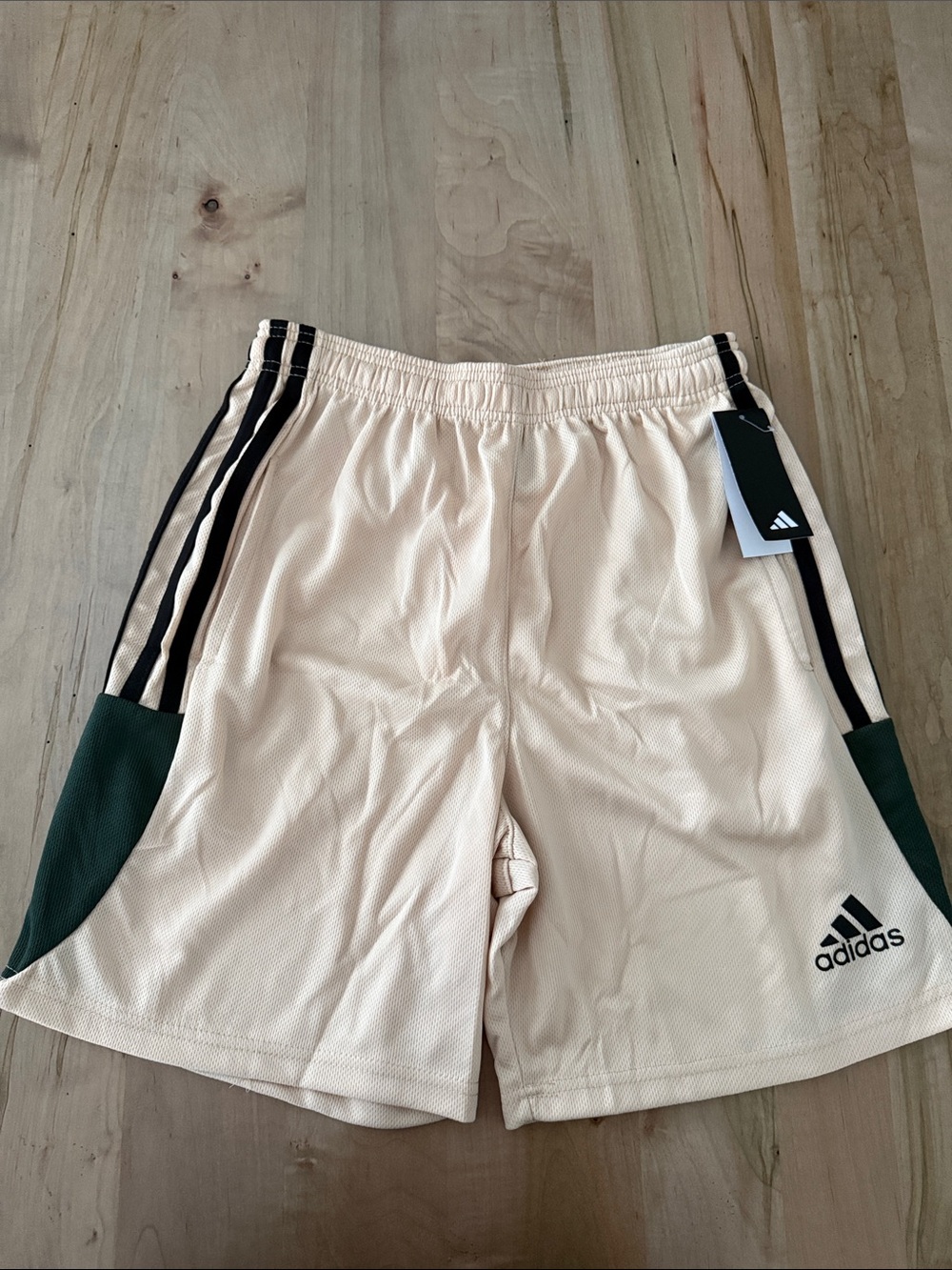 adidas Men’s Cream Athletic Shorts with Black Stripes and Green Panels